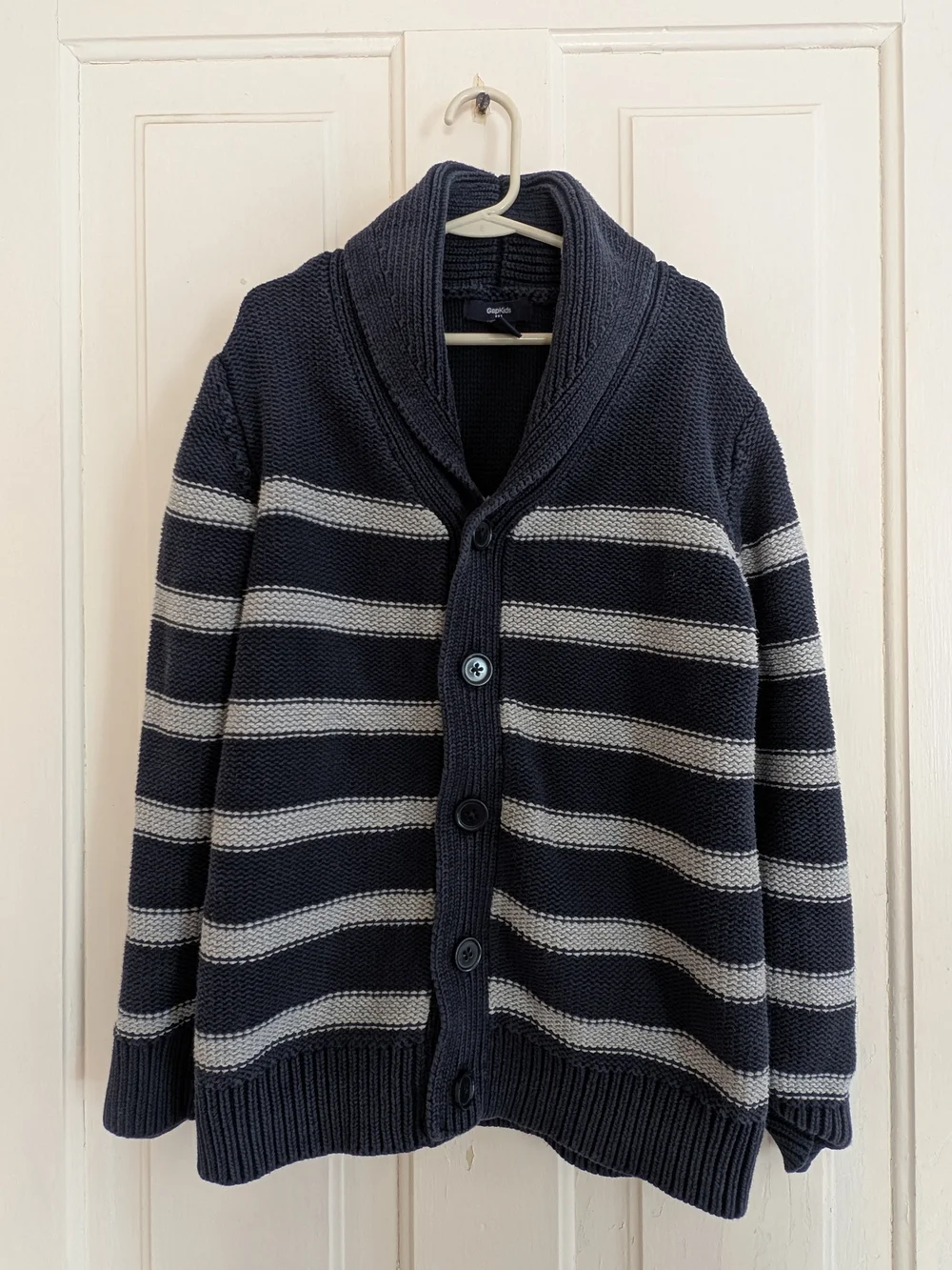 Gap Boy's Navy & Gray Striped Shawl Collar Cardigan Large